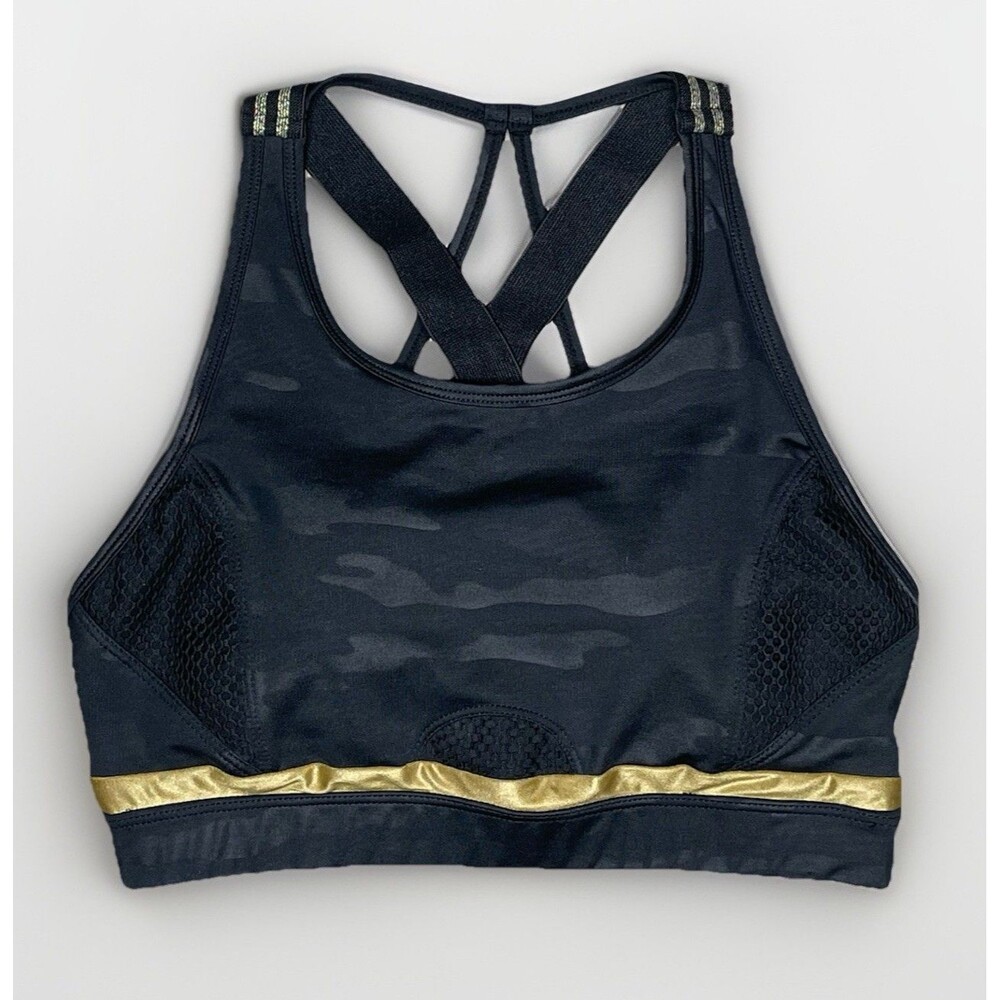 Sam Edelman Womens Sports Bra Large Camo Fishnet Strappy Back Gold Band Active